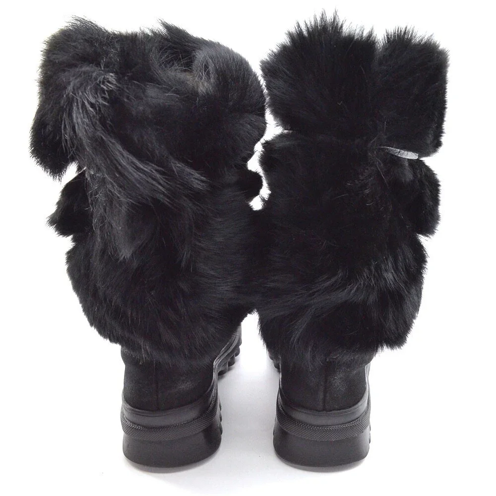 Pajar Winter Fur Boots  size 36.5 / 6.5 Black Suede Laced Pull Shoes Italy